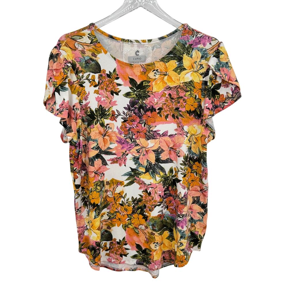 Cupio blouse women's XL floral multicolor tulip sleeve stretch knit boho lilies